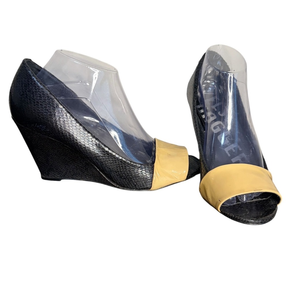 Kelsi Dagger Black Tan Wedge Heels Excellent Snakeskin Peep Toe Women's Size 9.5